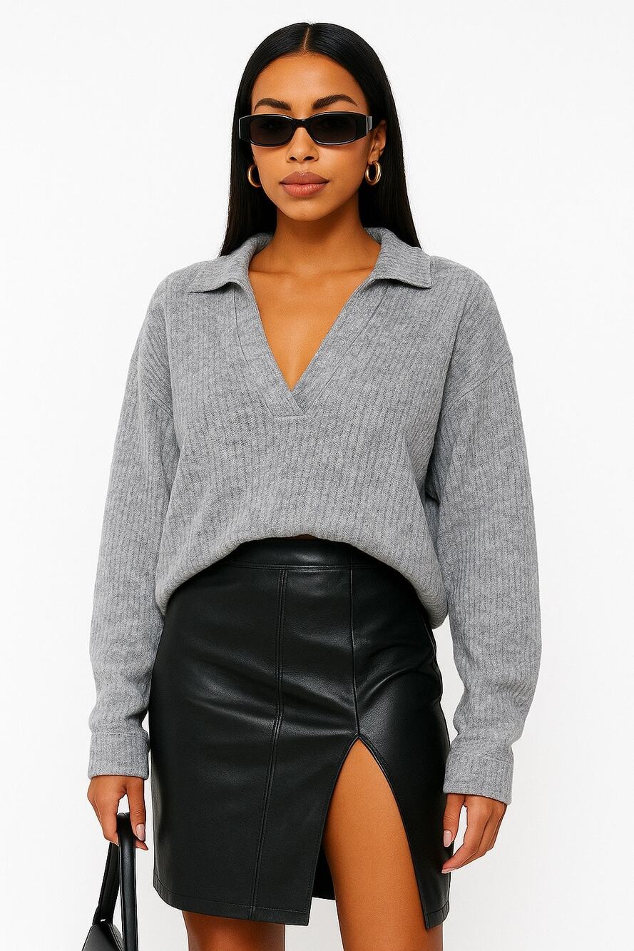 L’Academie Cropped Collared Sweater Soft Deep V Slouchy Soft Grey Gray Medium